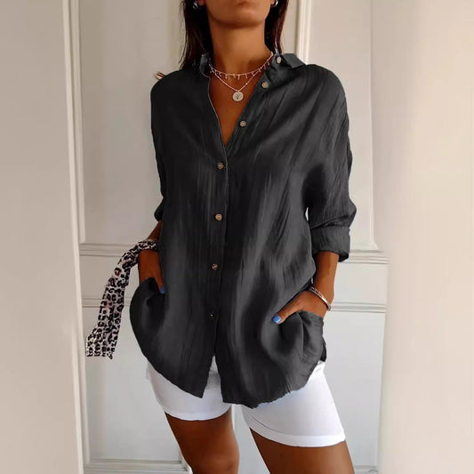 Women's Single-breasted Pleated Lapel Shirt Solid Color Blouses