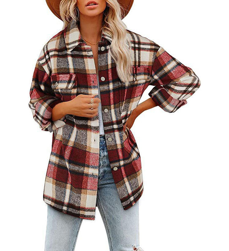 Women's Fashion Urban Style Loose Single-breasted Plaid Coats