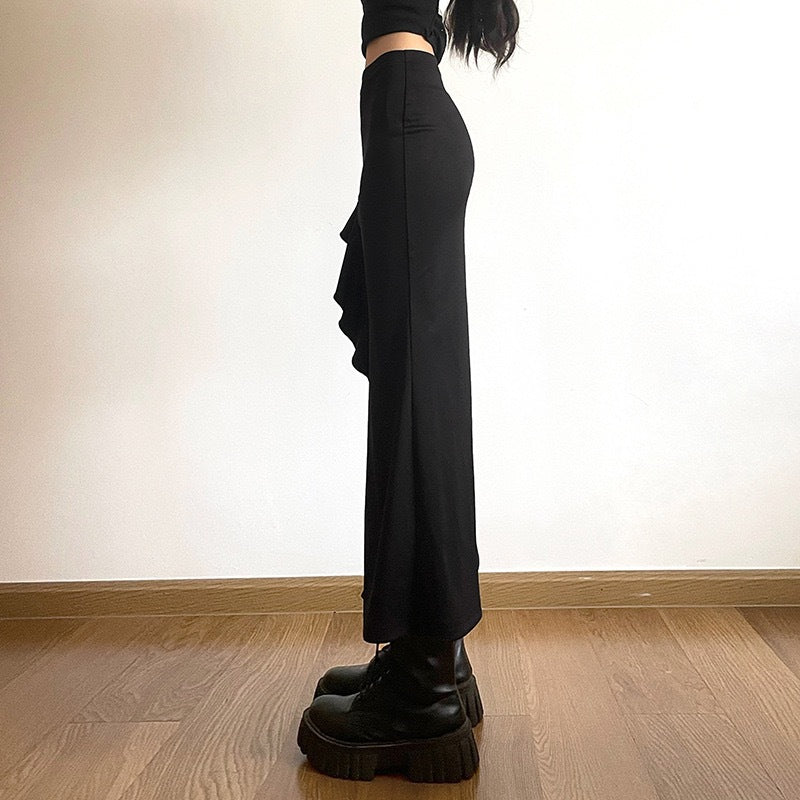 Summer Wear Irregular Wooden Ear Side Slit Black Skirts