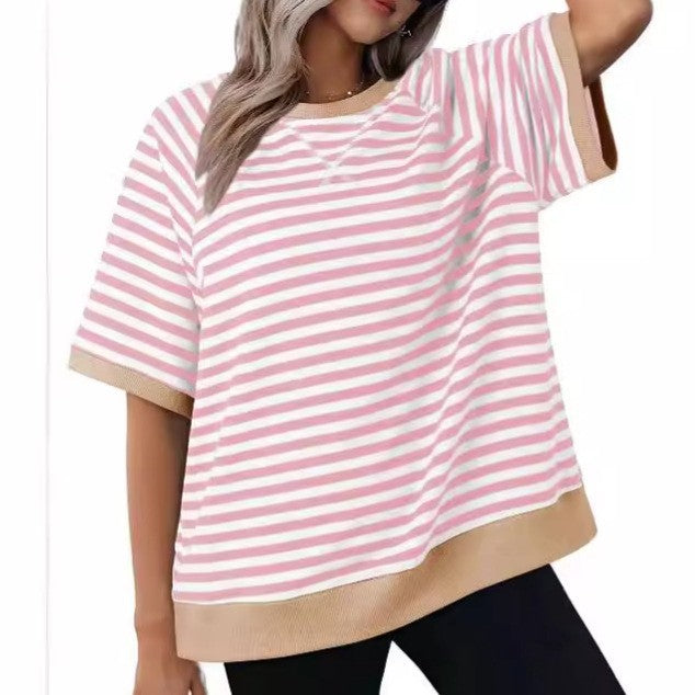 Casual Striped Loose T-shirt With Thread Blouses