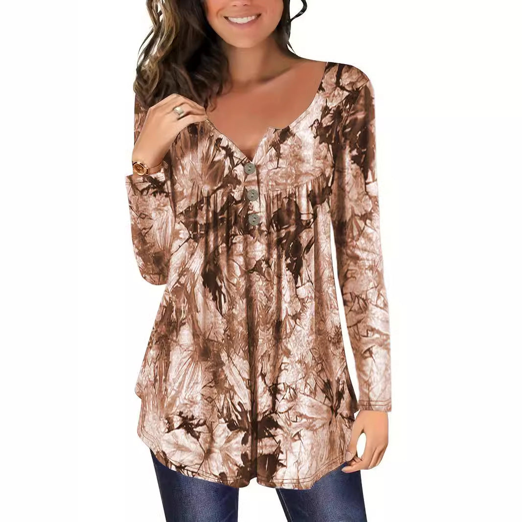 Printed Blooming Buttons Commute Leisure Loose Blouses