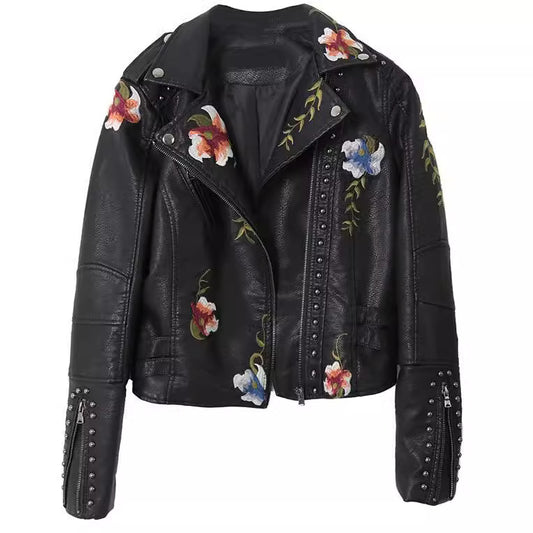 Women's Spring Embroidered Rivet Leather Embroidery Machine Jackets