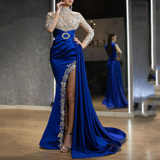 Women's Dress Blue Gold Round Neck Long Dresses