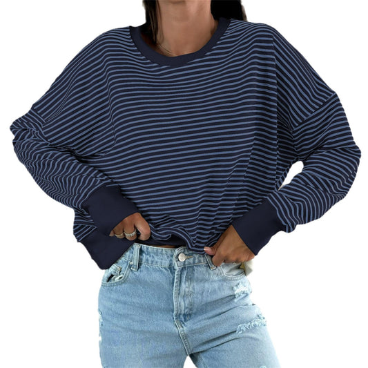 Women's Long Sleeve Round Neck Striped Contrast Color Sweaters