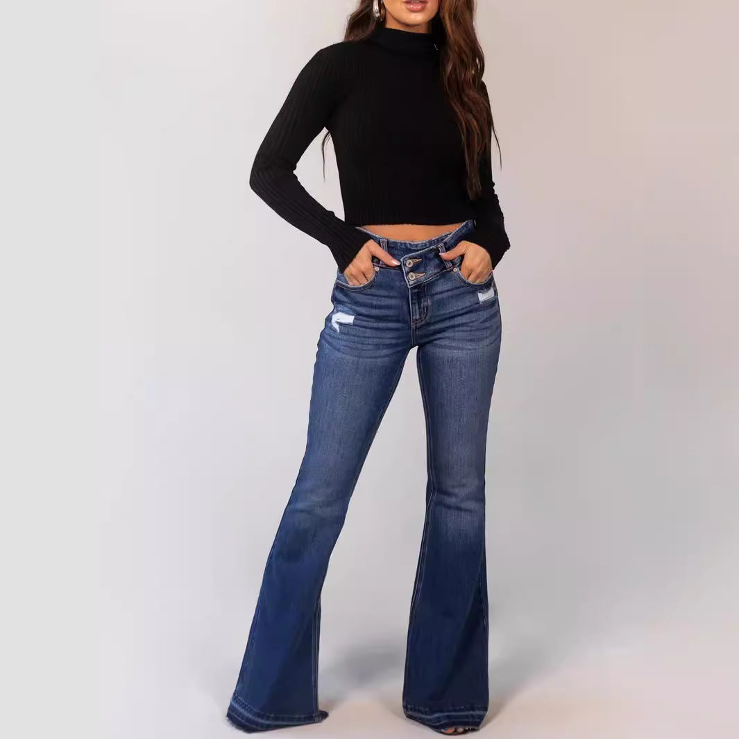 Women's Comfortable Ripped Button Stretch Bell-bottom Jeans