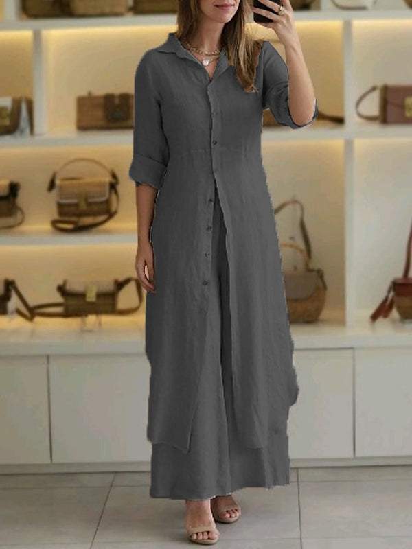 Elegant Cotton Linen Tight Waist Long Shirt Pants