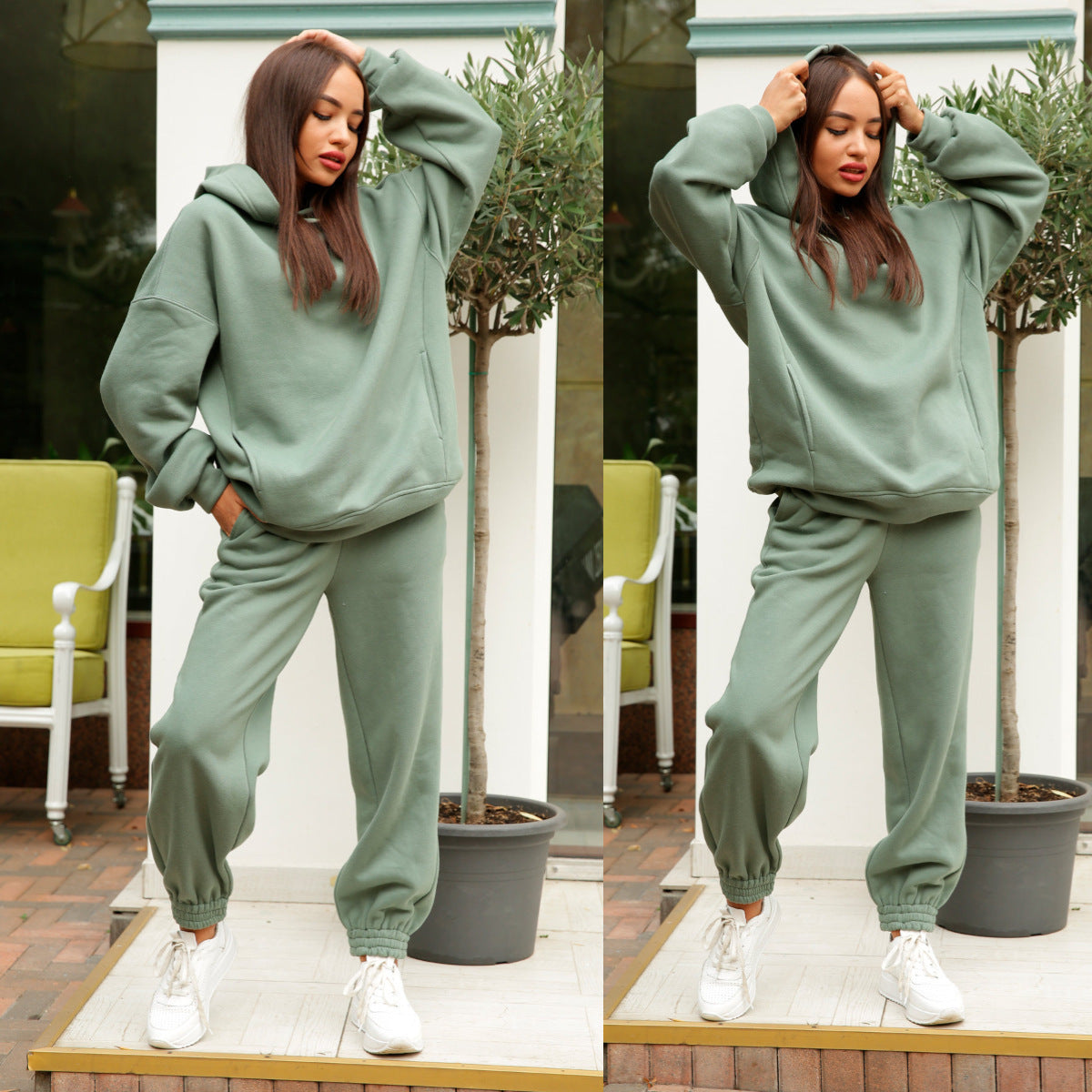 Fashion Solid Color Hooded Casual Two-piece Suits