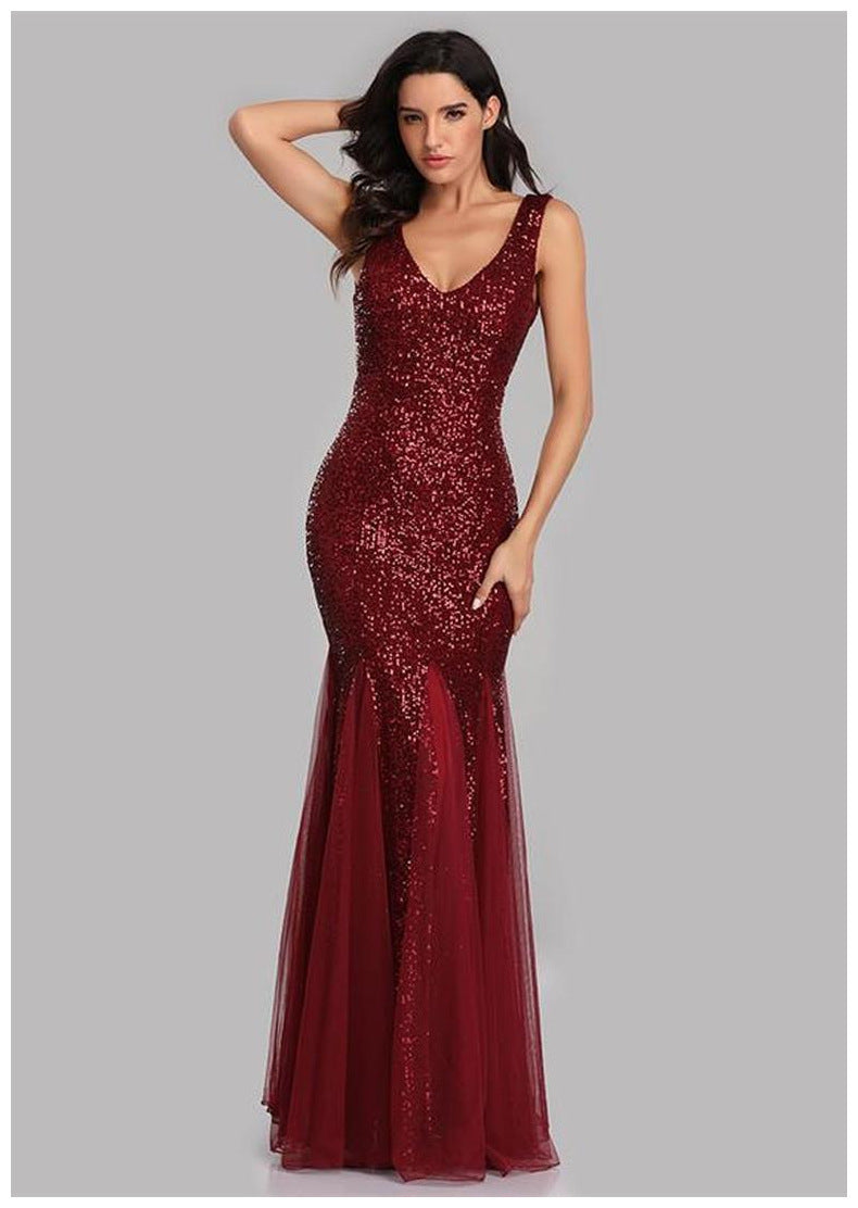 Sequined Toast Dress Bride Red Fishtail Evening Dresses