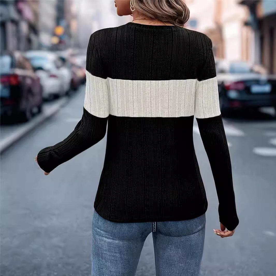 Women's Knitted Long-sleeved Contrast Color Slim Fit Knitwear