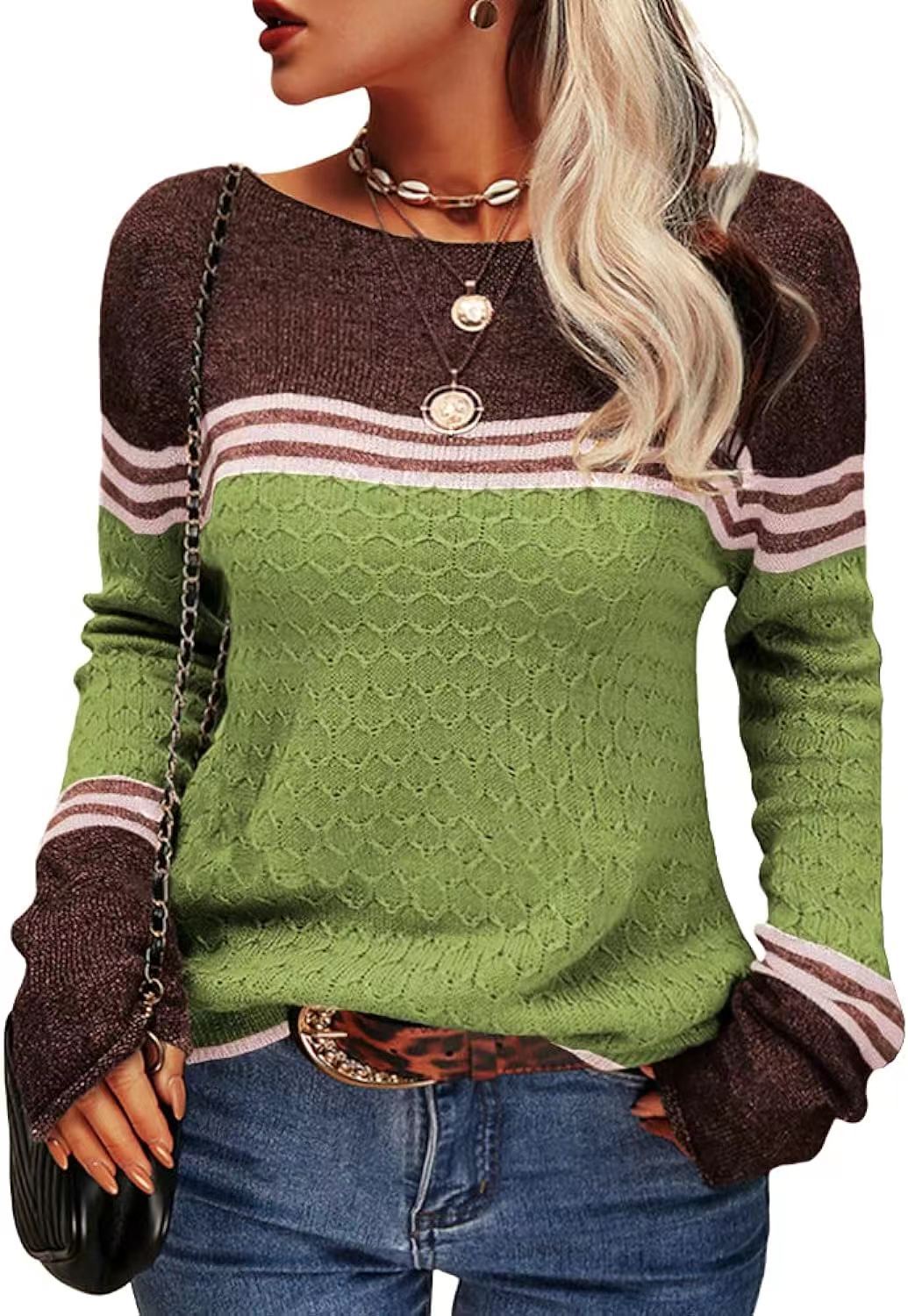 Women's Crocheted Long-sleeved Striped Crew Neck Knitted Sweaters