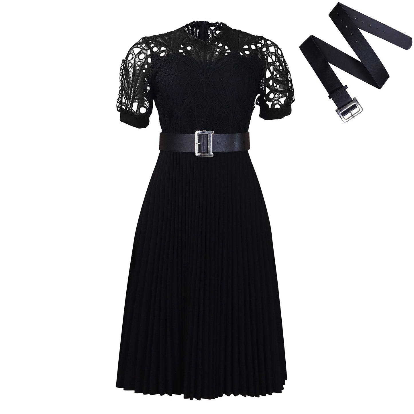 Women's Short-sleeved Lace Stitching Pleated African Dress Skirts