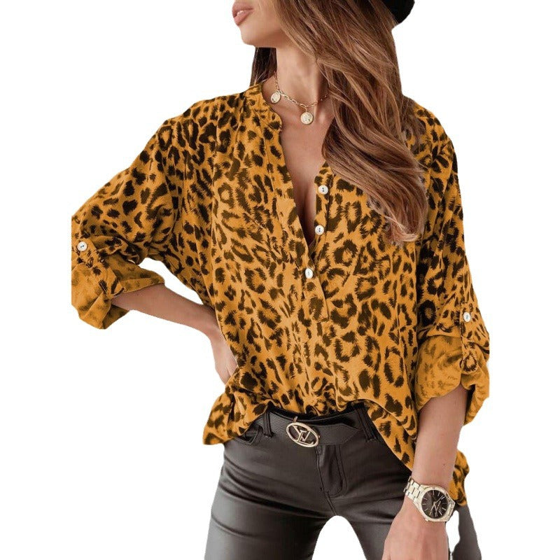 Women's Print Shirt Long Sleeve Leopard Single-breasted Blouses