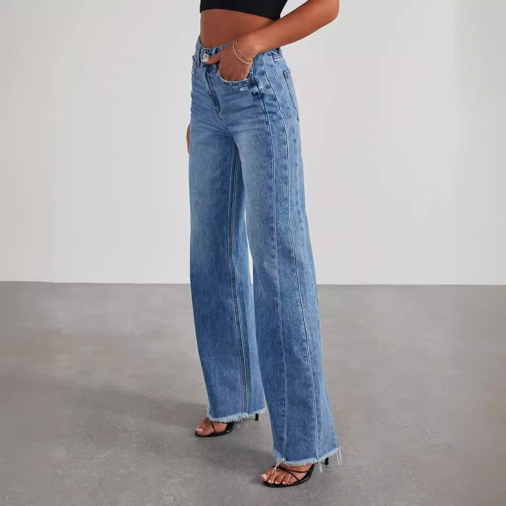 Women's Loose Side Seam Stitching Frayed Hem Jeans