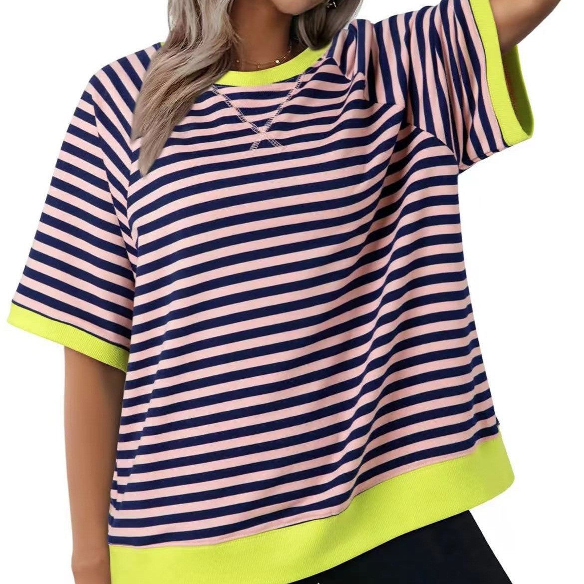 Casual Striped Loose T-shirt With Thread Blouses