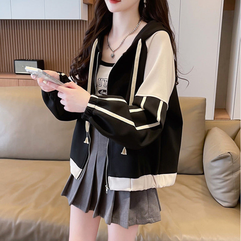 Women's Color Contrast Patchwork Loose Hooded Zipper Jackets