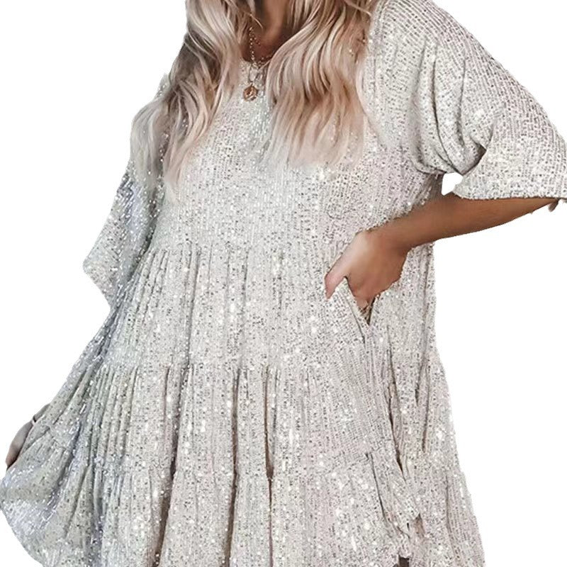 Sequins Round Neck Loose Waist Sleeves Dresses