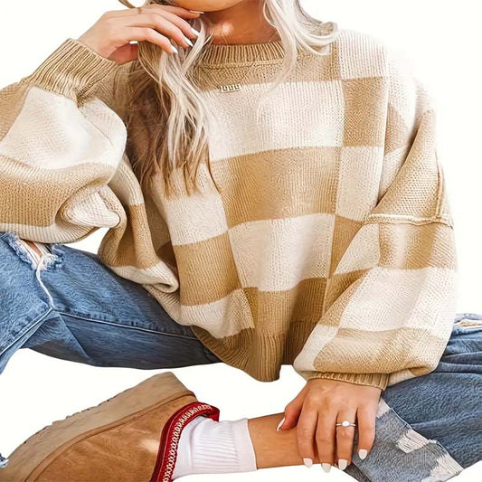 Women's Casual Plaid Long-sleeved Autumn Pullover Crew Knitwear