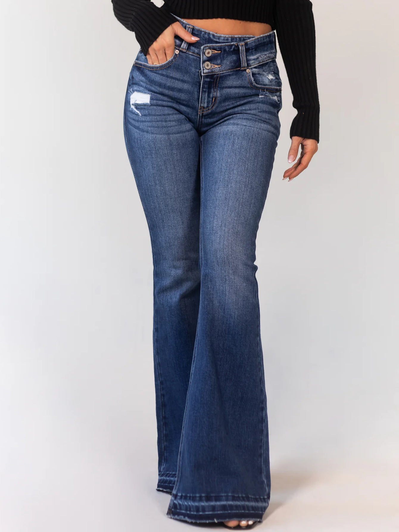 Women's Comfortable Ripped Button Stretch Bell-bottom Jeans