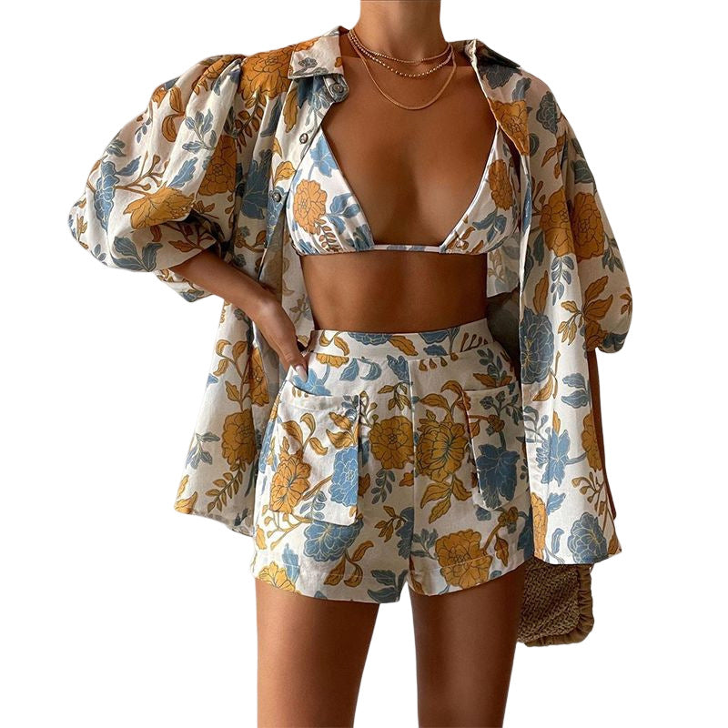 Women's Spring Fashion Printed Shirt Camisole Three-piece Suits