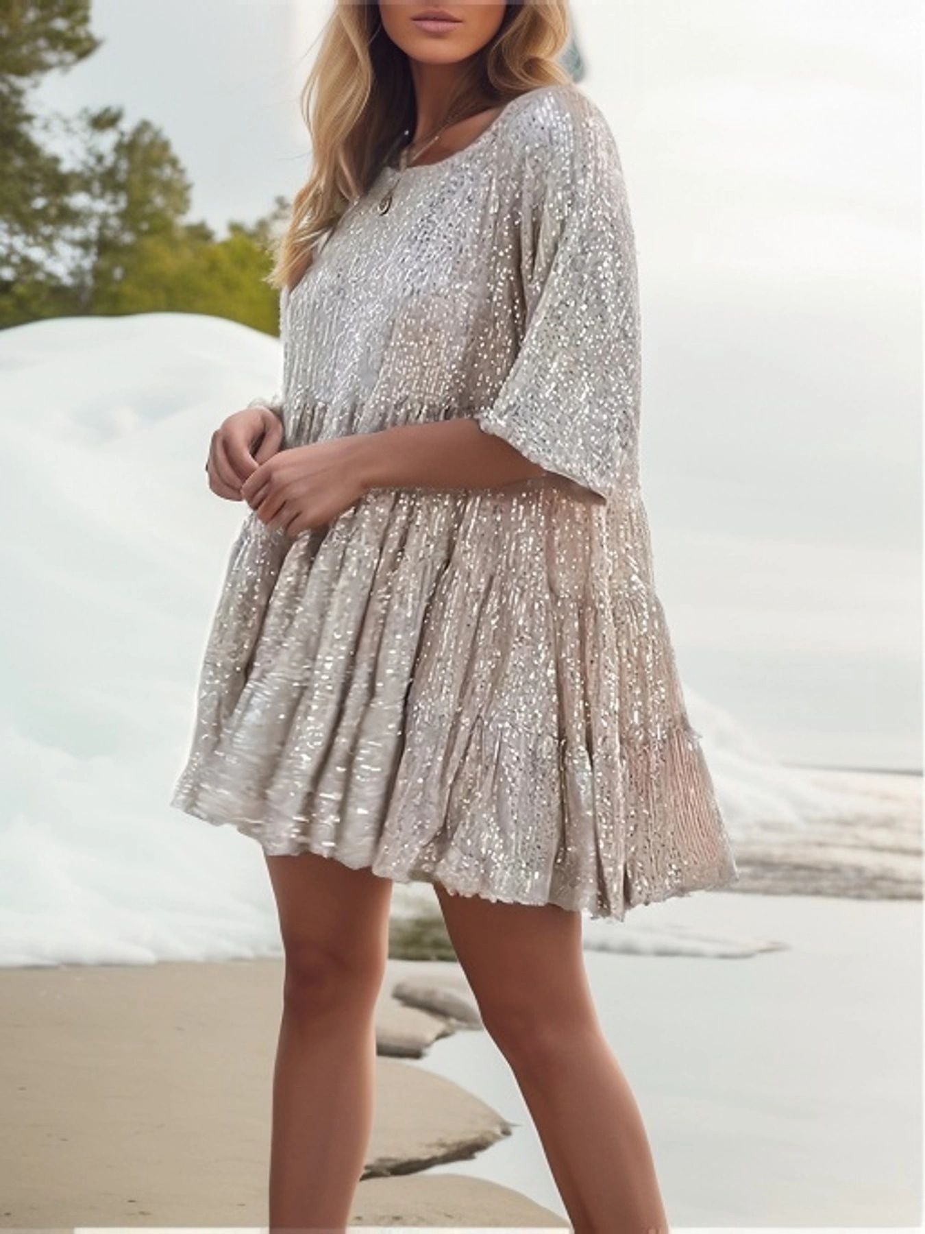 Sequins Round Neck Loose Waist Sleeves Dresses