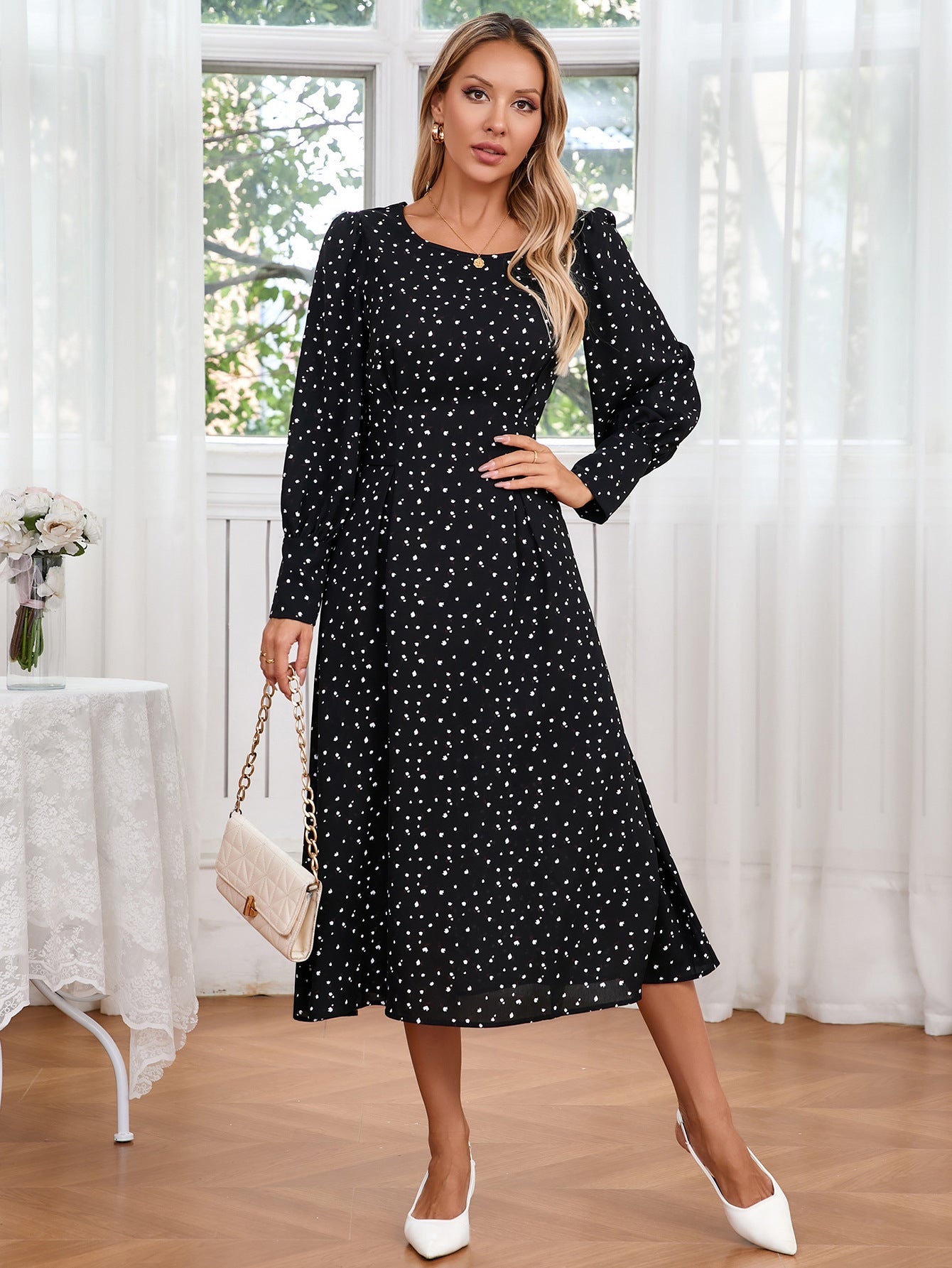 Women's Autumn Elegant Floral Round Neck Tied Plus Size