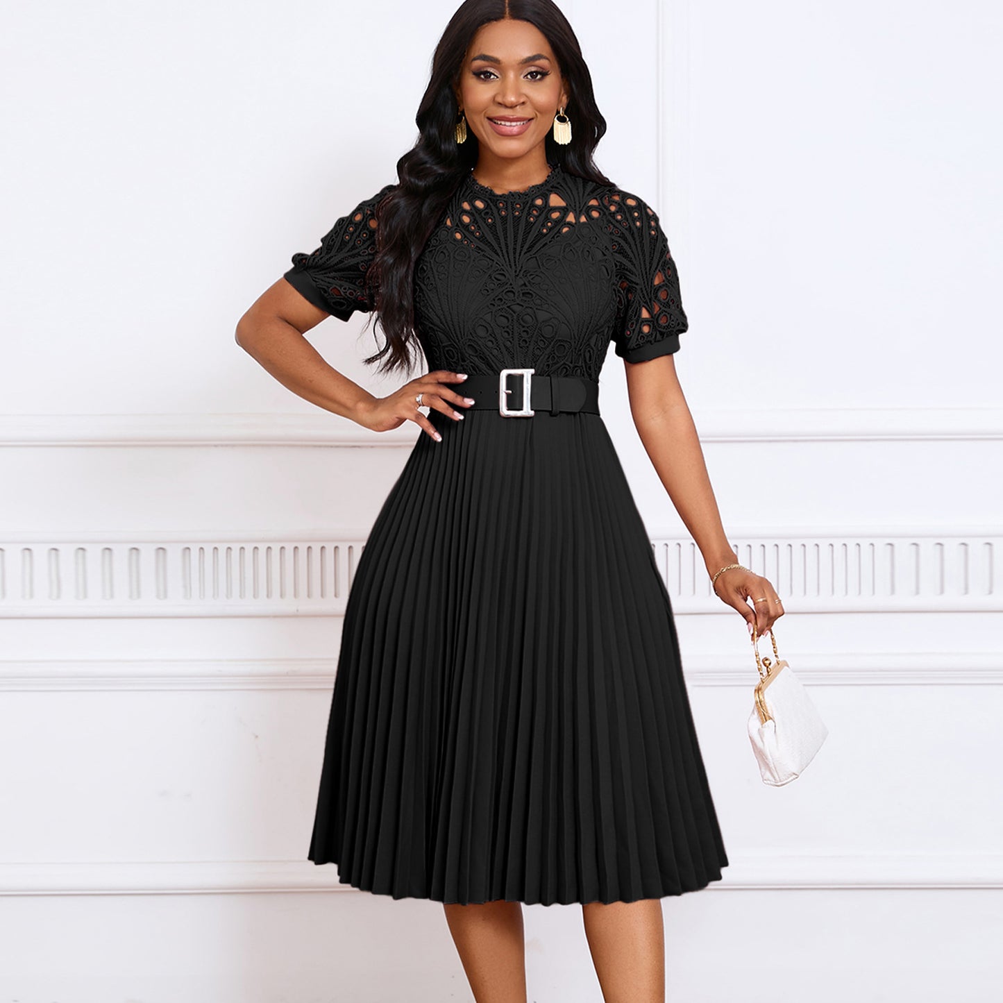 Women's Short-sleeved Lace Stitching Pleated African Dress Skirts