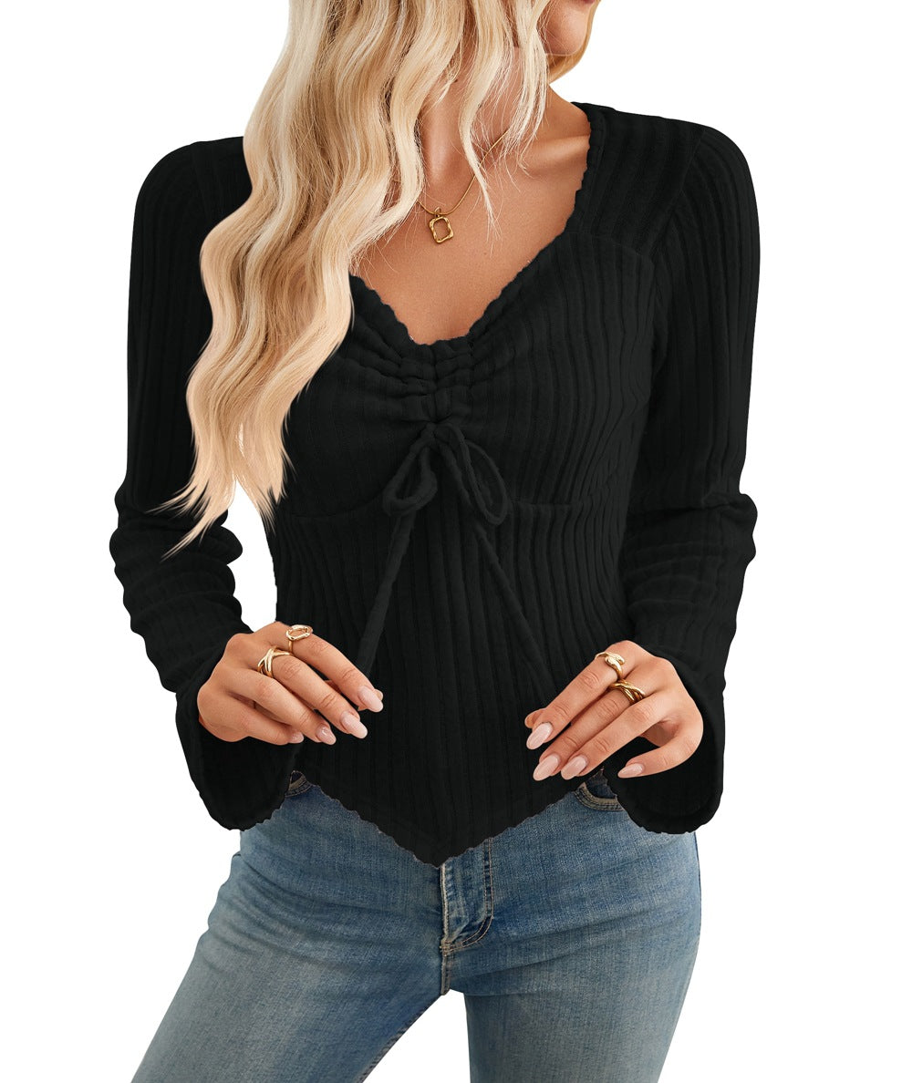 Women's Pleating Long Sleeve Sunken Stripe T-shirt Blouses