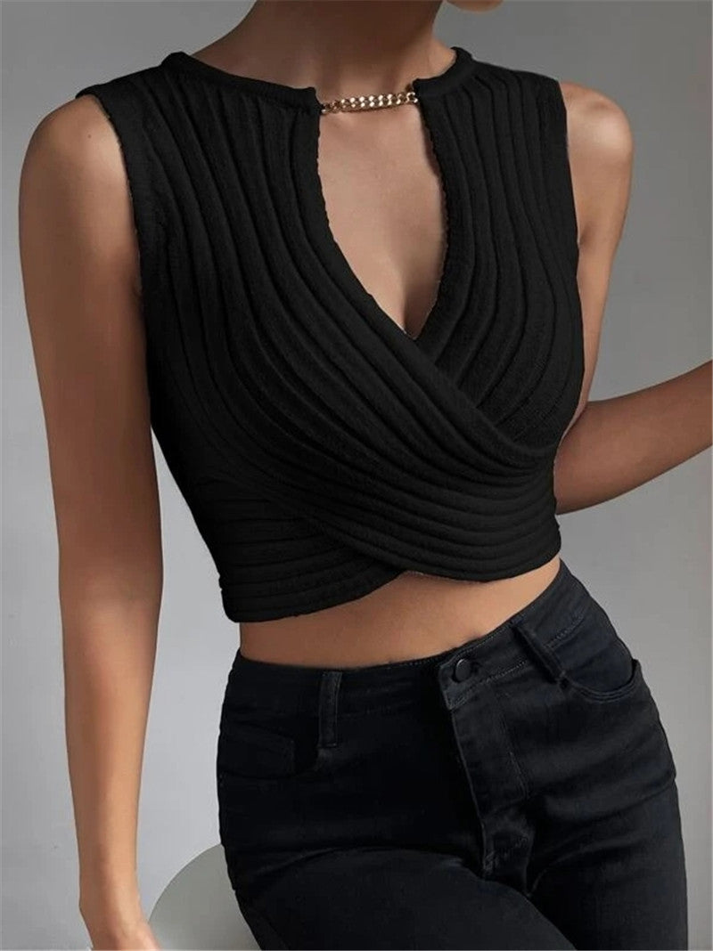 Versatile Chain Decorative Design Cross Knitted Tops