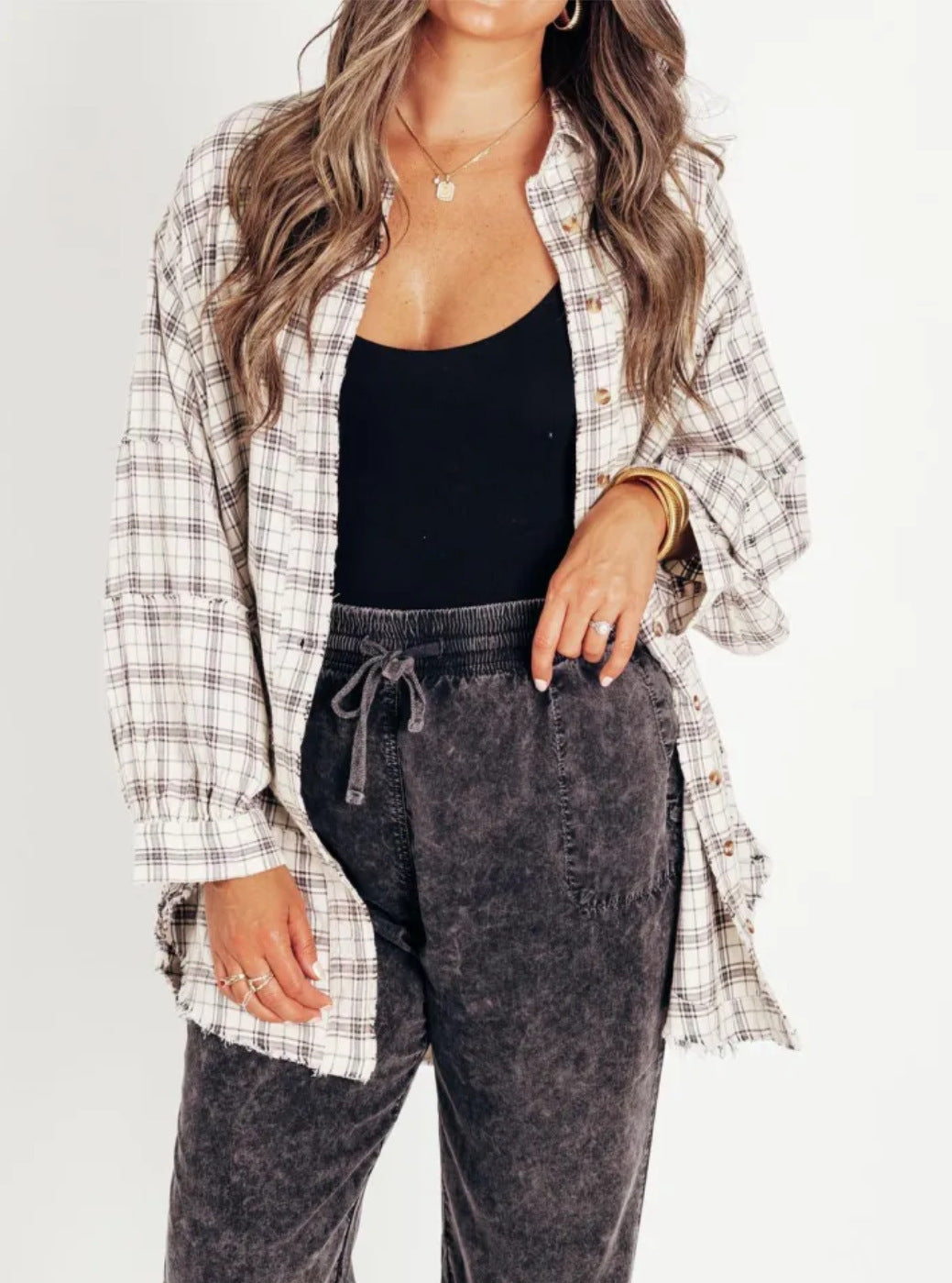 Women's Autumn Fashion Tassel Loose Casual Plaid Blouses