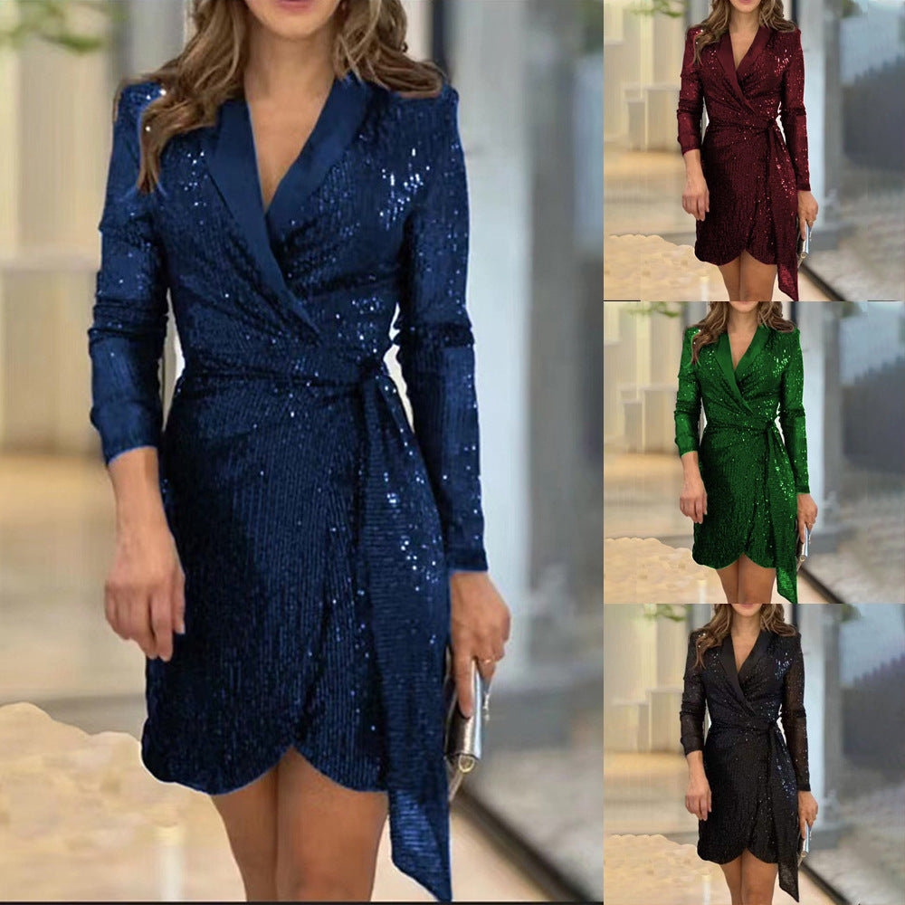 Women's Fashion Sexy Waist Trimming Sequined Collar Suits