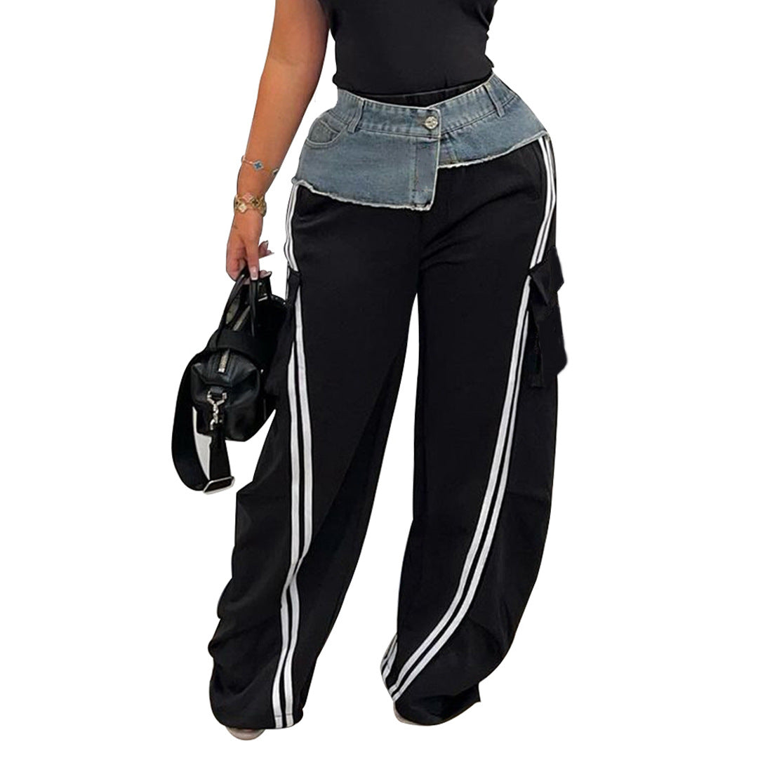 Women's Fashion Denim Stitching Elastic Waist Pull Strip Pants