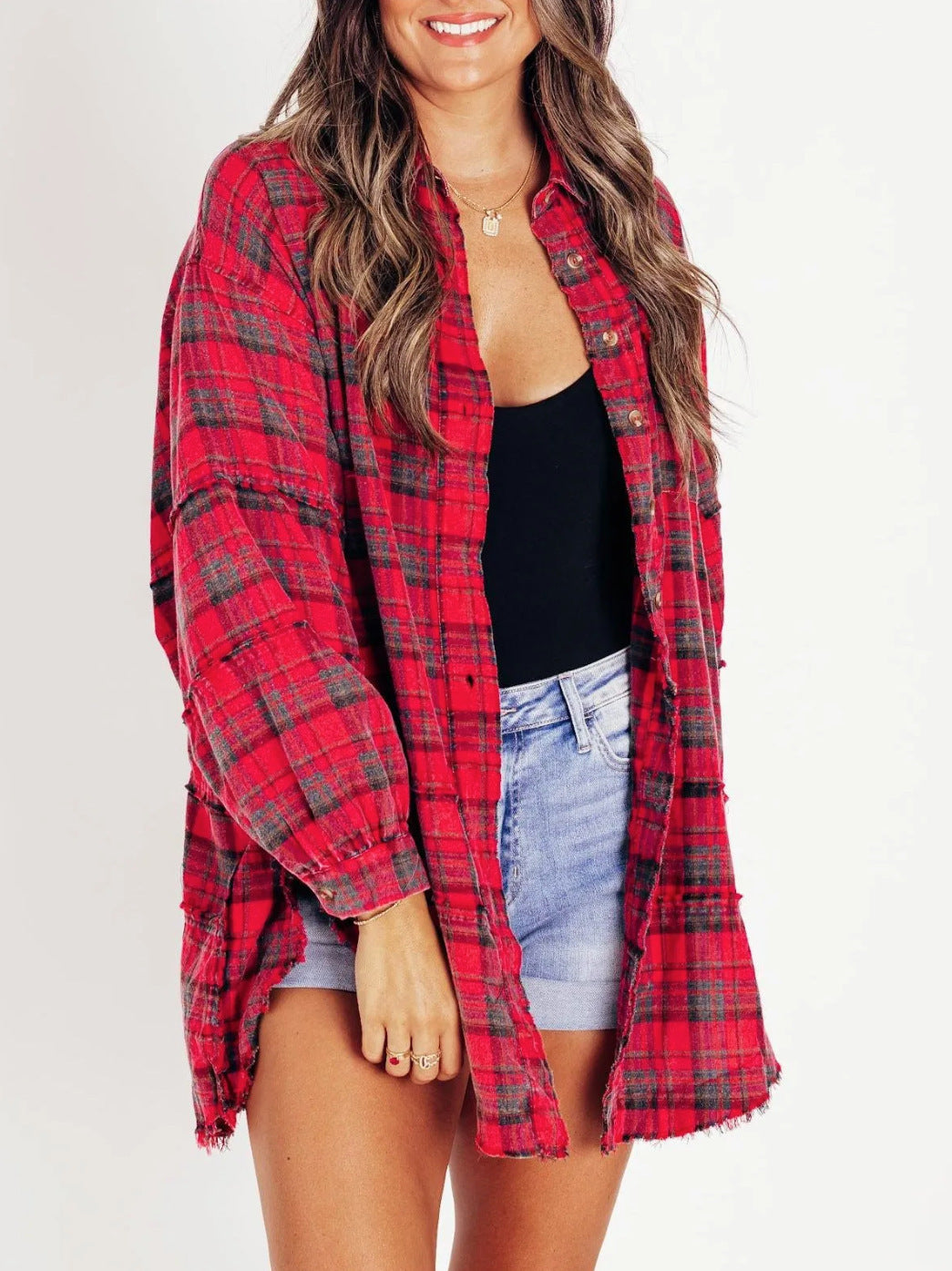 Women's Autumn Fashion Tassel Loose Casual Plaid Blouses