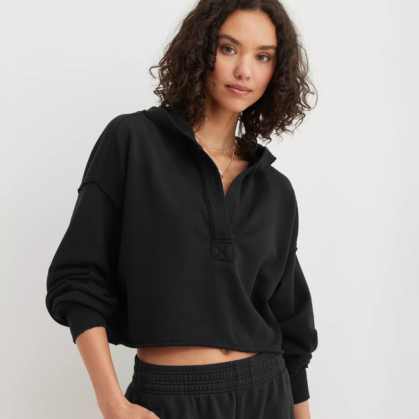 Pull ample à capuche et col semi-ouvert pour femme, couleur unie