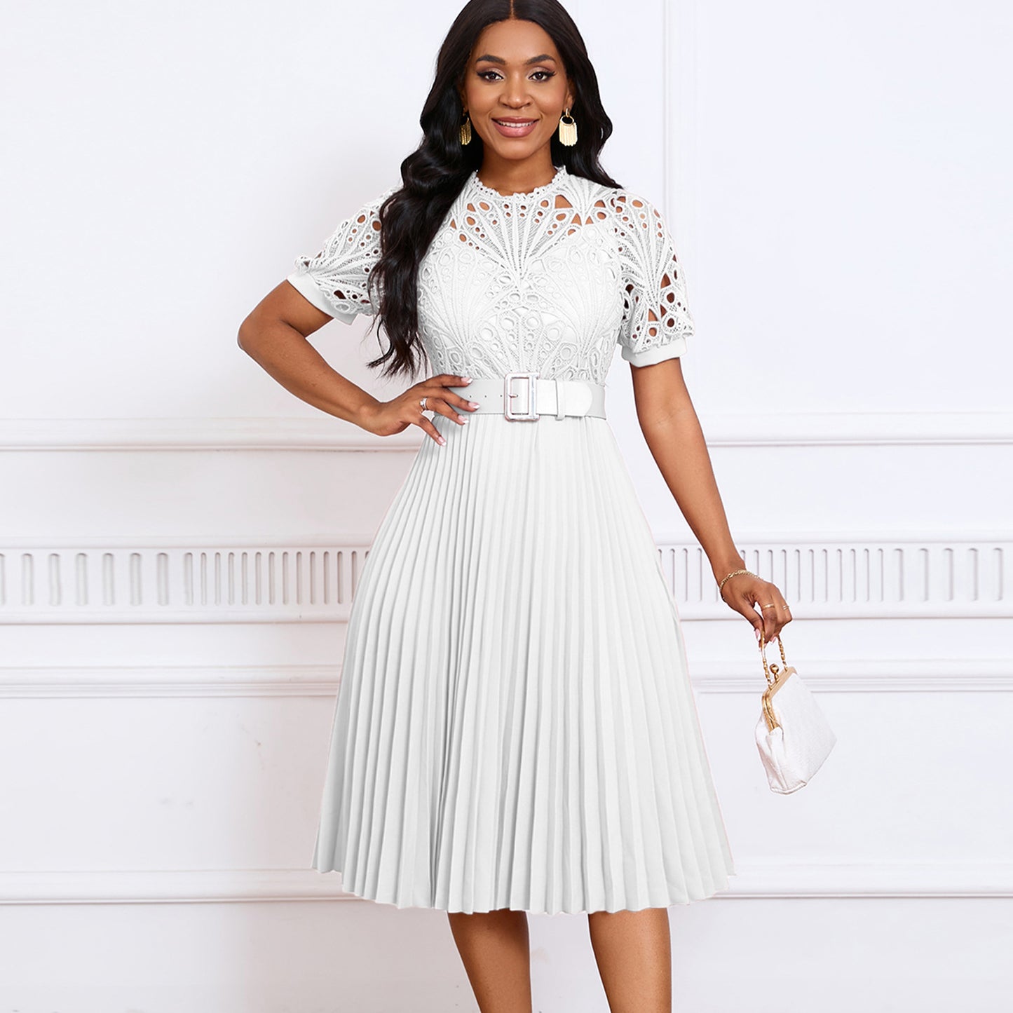 Women's Short-sleeved Lace Stitching Pleated African Dress Skirts