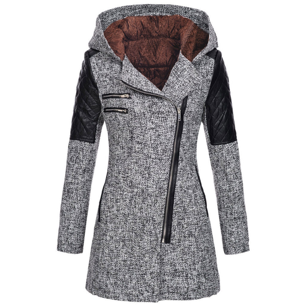 Women's Oblique Zipper Hooded Woolen Trench Mid-length Coats