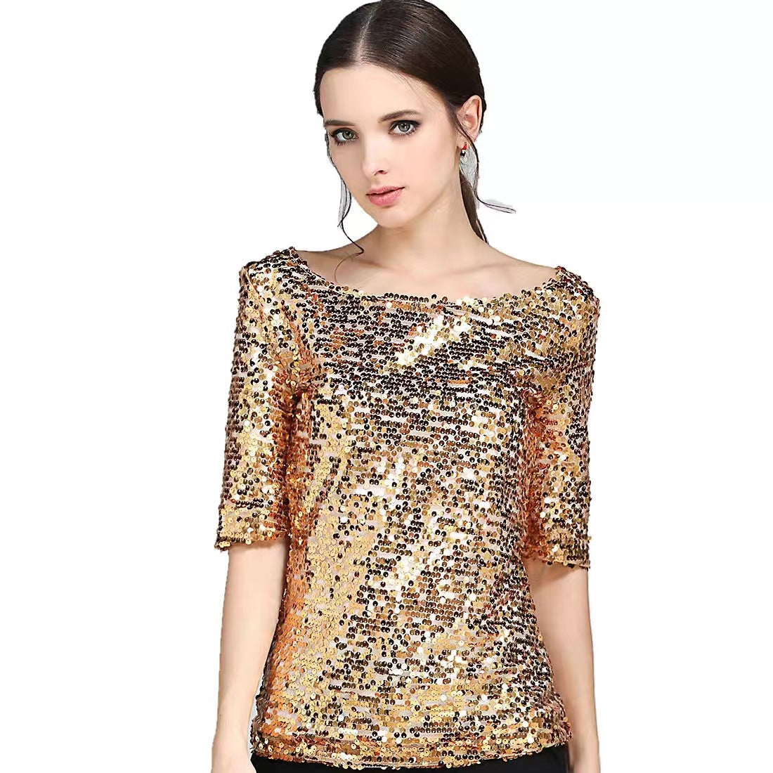 Women's Sleeve Solid Color Sequin Sequined T-shirt Knitwear