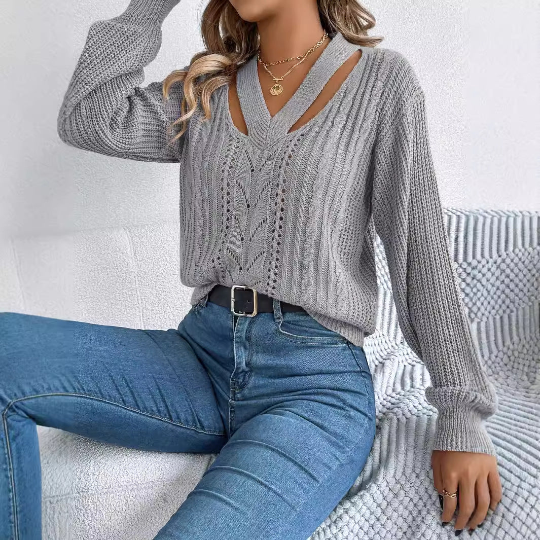 Women's Casual Hollow Out Twist Lantern Sleeve Sweaters