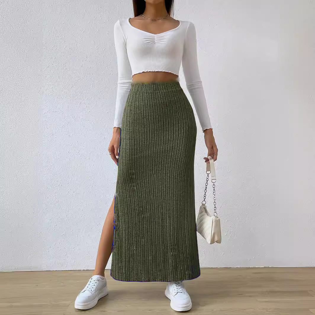 Women's High Waist Side Slit Slim Knit Skirts