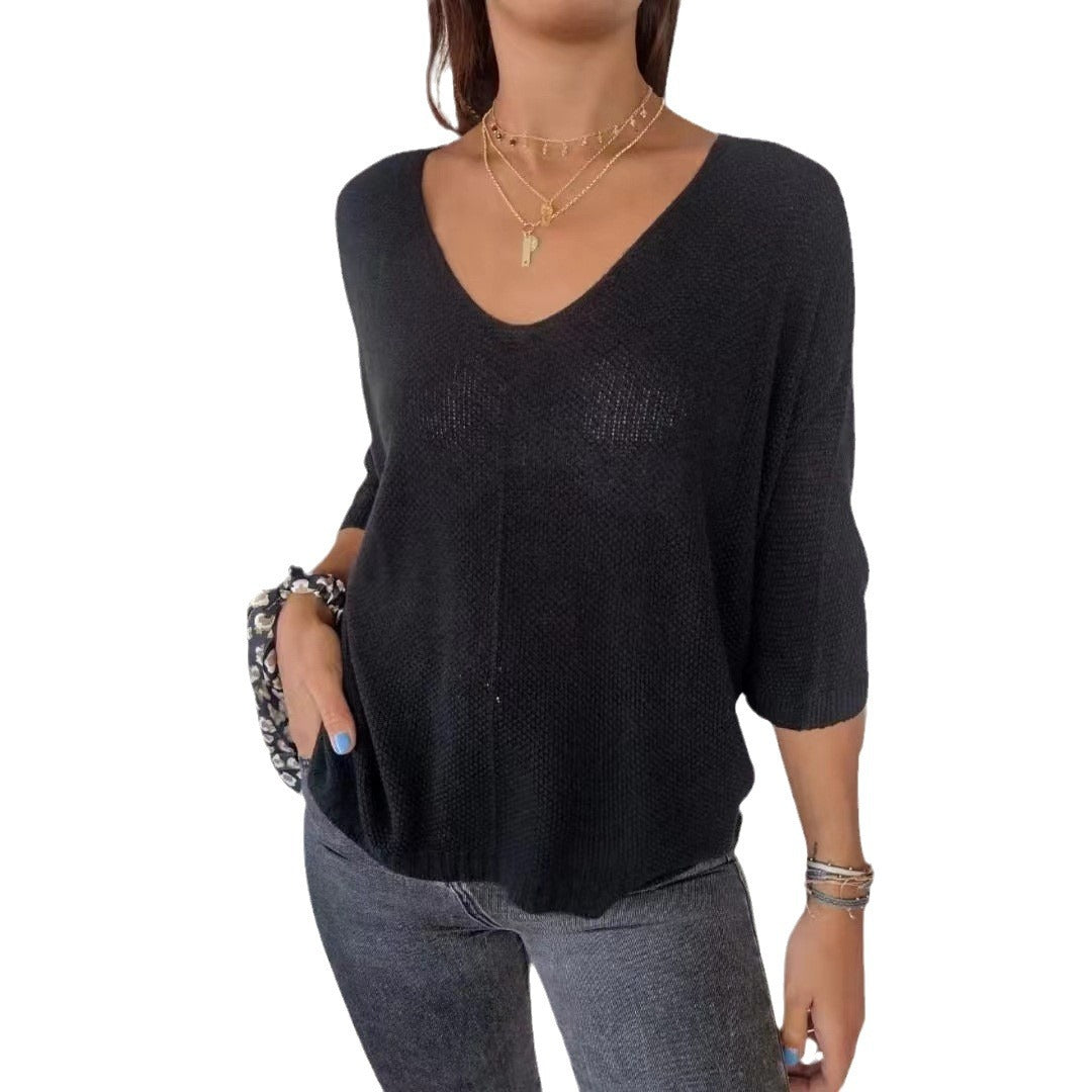 Women's Color Loose Three-quarter Sleeve Batwing Shirt Knitwear