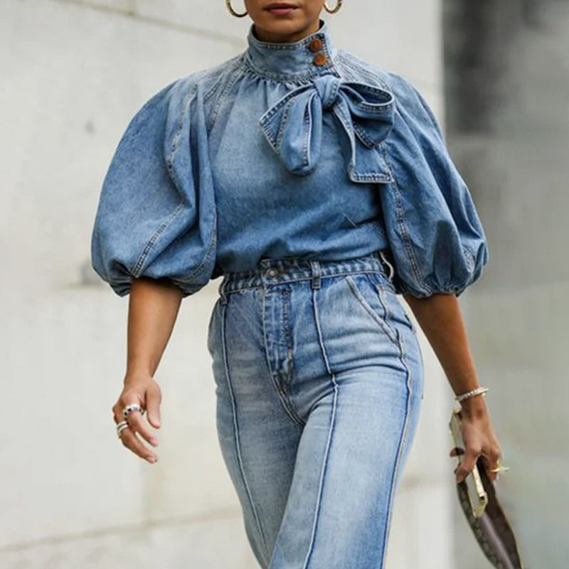 Women's Loose Puff Sleeves Denim Summer Half Tops