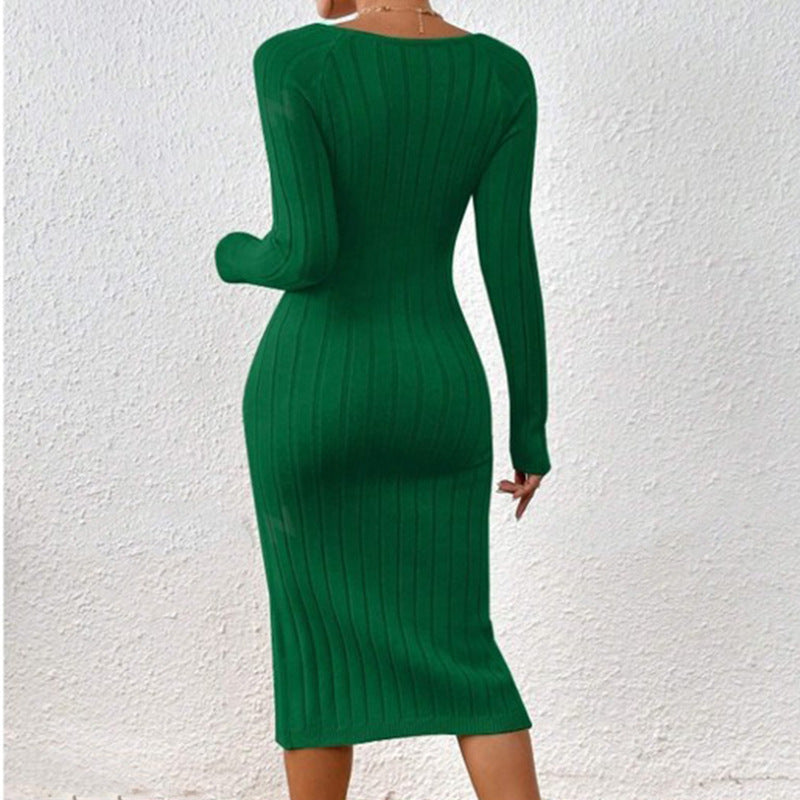 Women's Long Sleeve Crew Neck Split Knitted Dresses