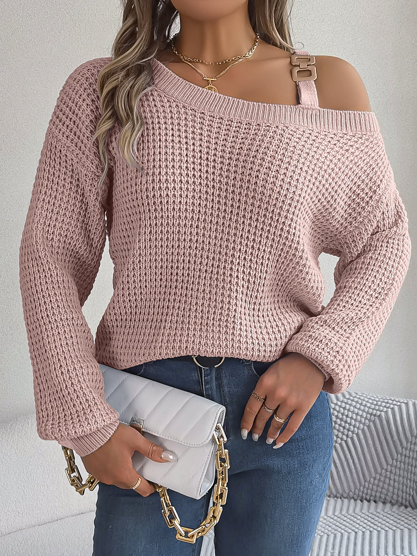 Wind Casual Metal Buckle Patchwork Cold-shoulder Sweaters