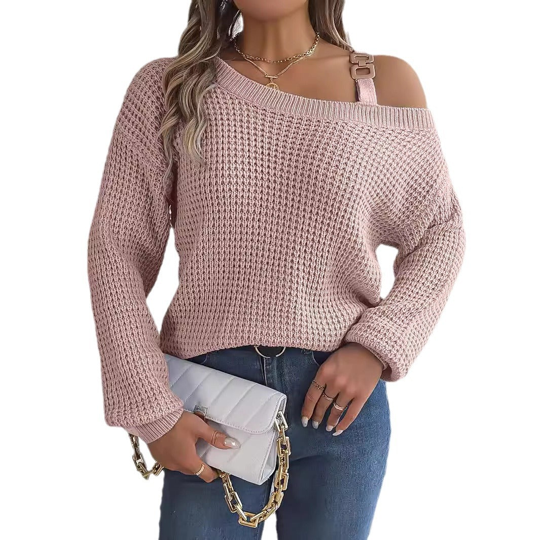 Wind Casual Metal Buckle Patchwork Cold-shoulder Sweaters