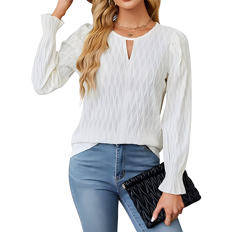 Women's Solid Color Jacquard Round Neck Long Blouses