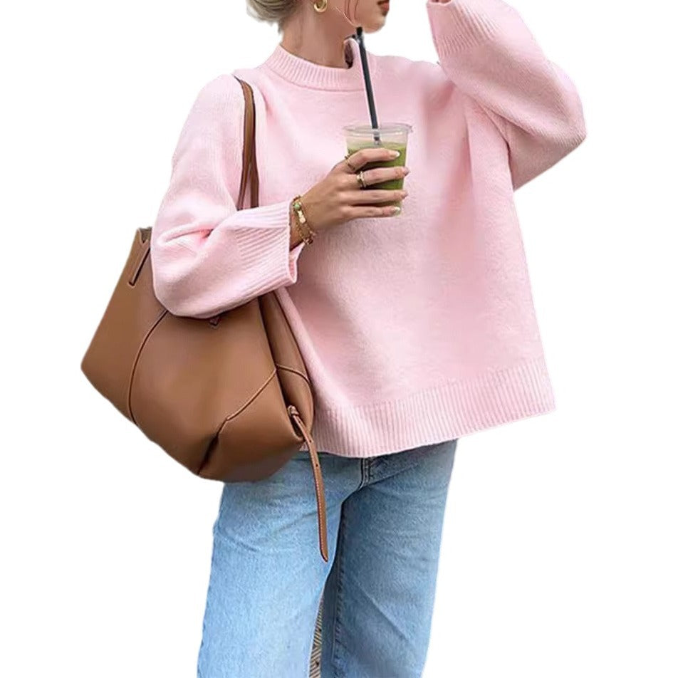 Women's Loose Pink Sweet Round Neck Casual Sweaters