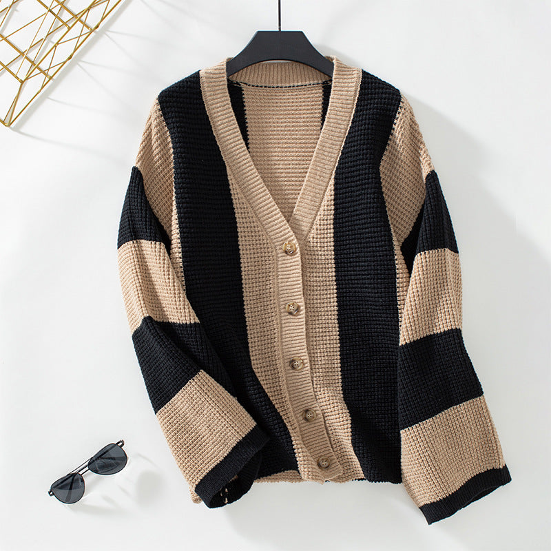 Women's Contrast Color Striped Casual Loose Wear Knitwear