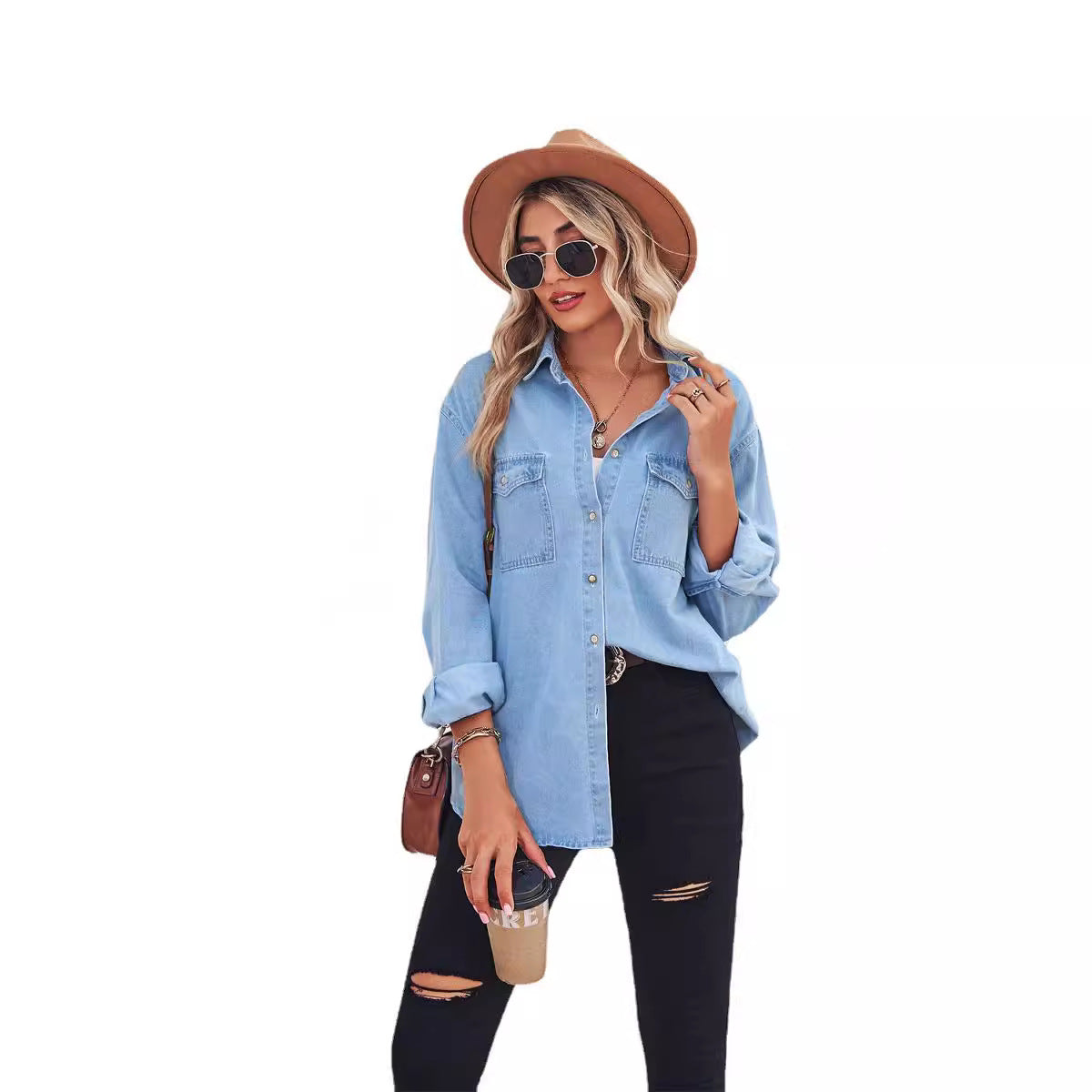 Women's Light Color Figure Flattering Thin Denim Long Sleeve Blouses