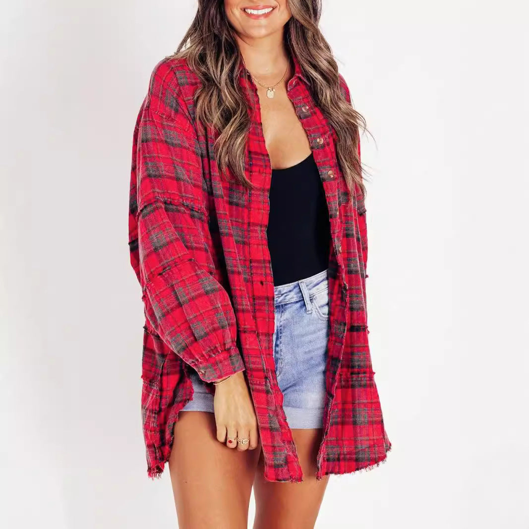 Women's Autumn Fashion Tassel Loose Casual Plaid Blouses