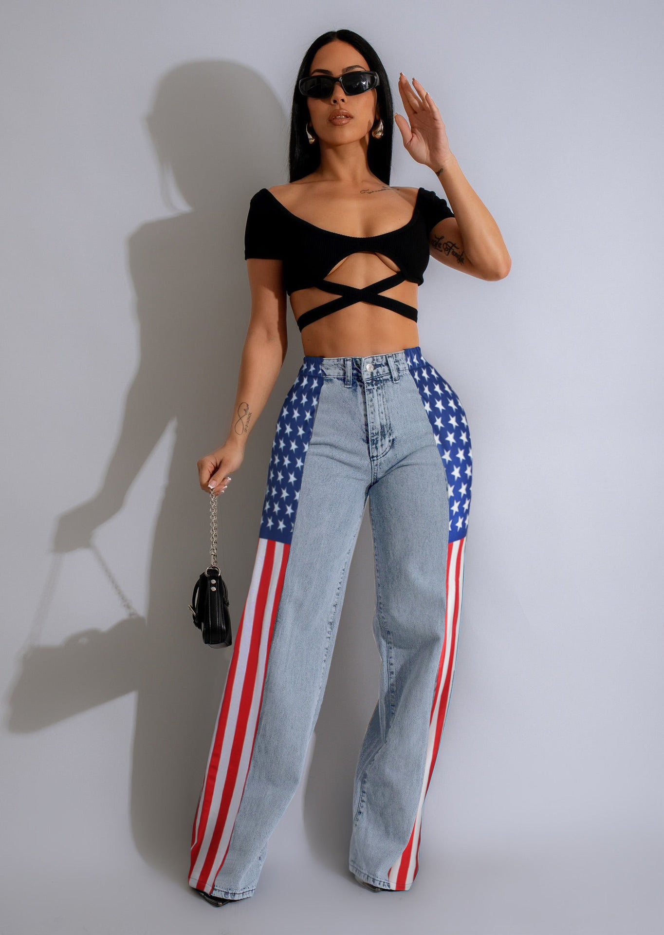 Women's Flag Print Stretchy Denim Trousers Casual Jeans