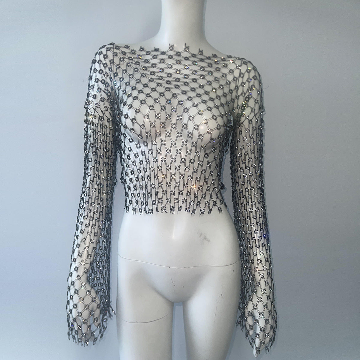 Chemisier à manches longues en maille et strass pour femme, vêtement tendance de haute qualité